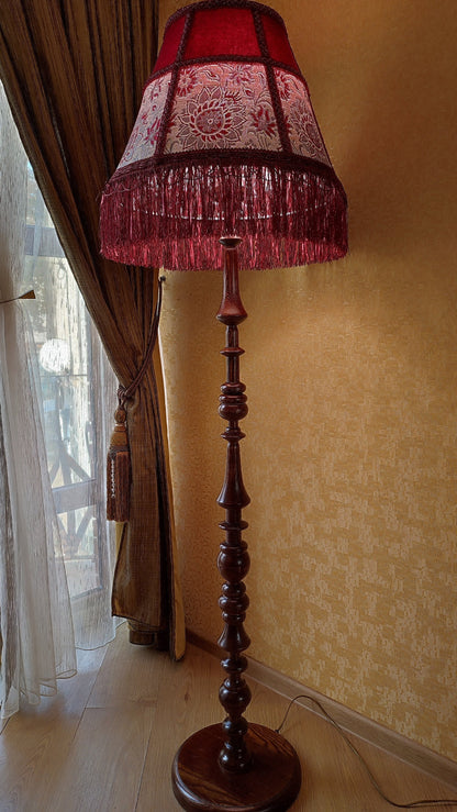 Floor lamp,  Elegant Vintage-Inspired Floor Lamp with Rich Ruby Shade, Delicate Floral Embroidery & Luxurious Fringe Details on a Sculpted Wooden Base. 3104