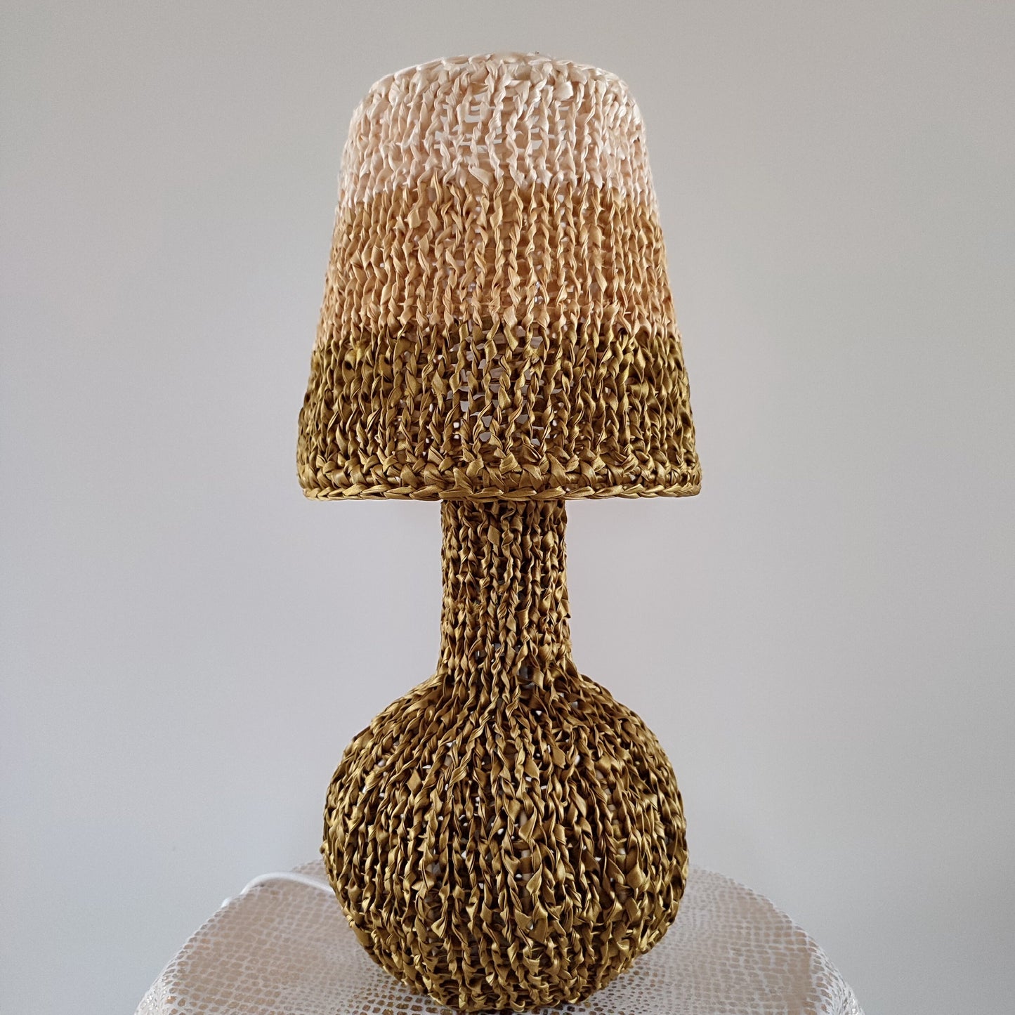 Table bedside lamp. Wicker brown and olive table lamp with handmade shade - vintage 60s decor. 4303