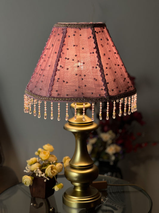 A pink lampshade with rhinestones and a beaded fringe. № 0101
