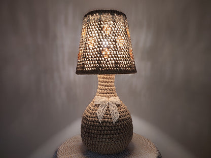 Crochet table lamp with lace accents and amber beads. PRODUCT TO ORDER. 4301
