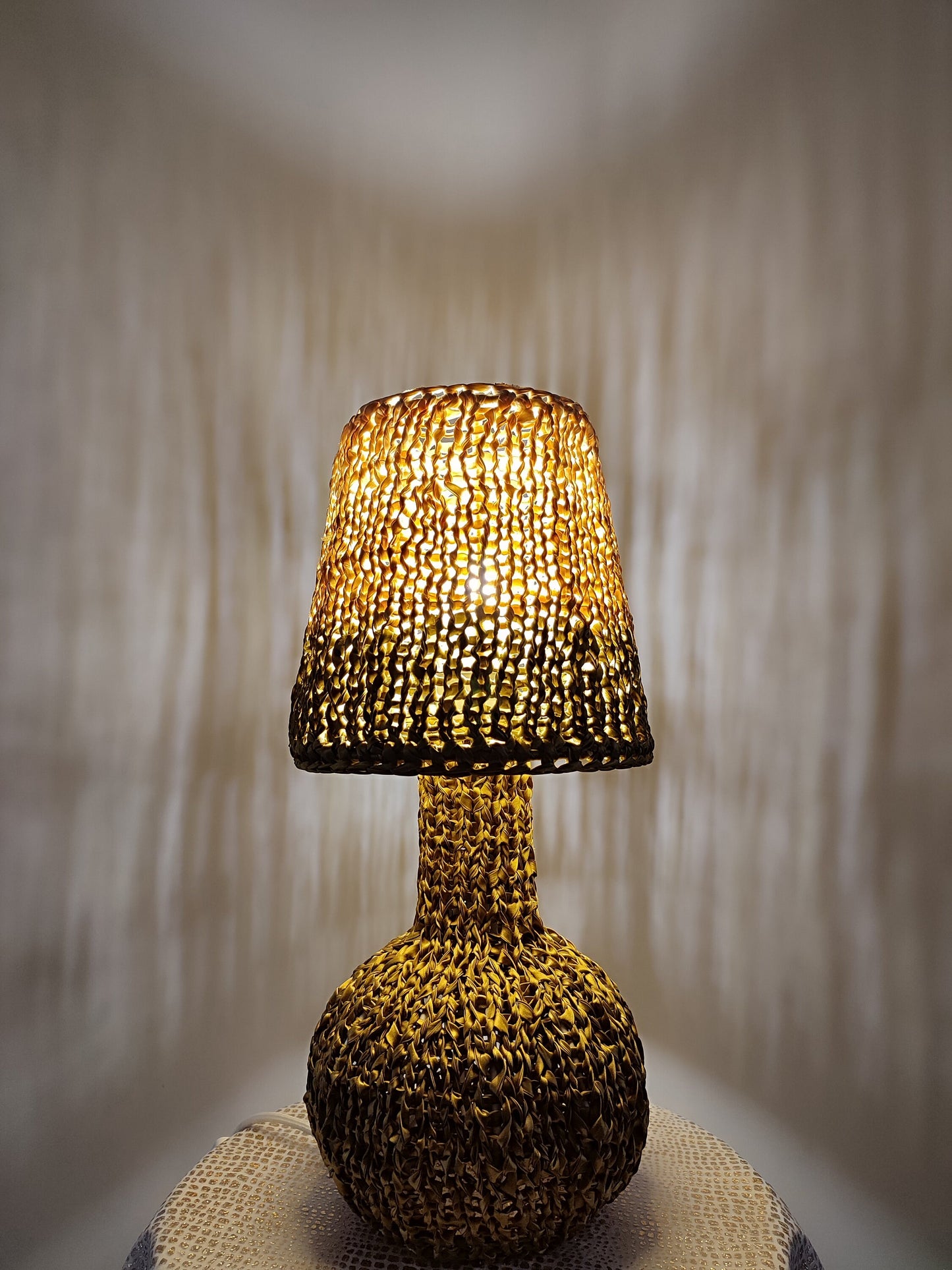Table bedside lamp. Wicker brown and olive table lamp with handmade shade - vintage 60s decor. 4303