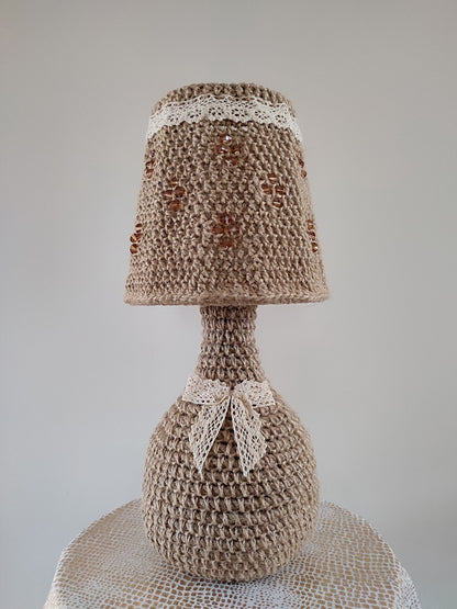Crochet table lamp with lace accents and amber beads. PRODUCT TO ORDER. 4301