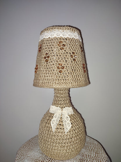 Crochet table lamp with lace accents and amber beads. PRODUCT TO ORDER. 4301