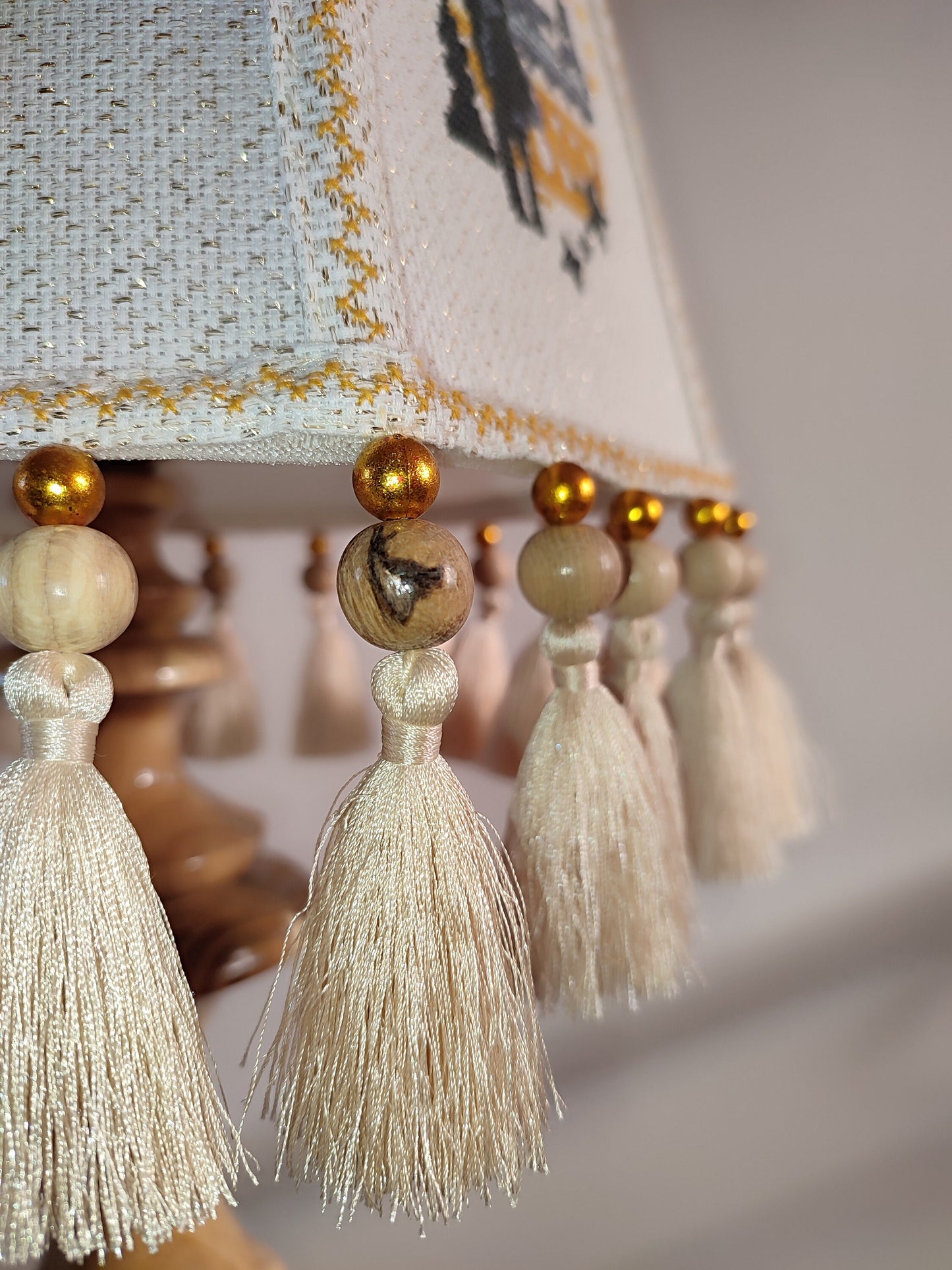 Table lamp. Unique lampshade with embroidery and decor, lacquered wooden base. 4603