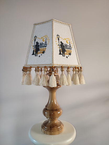 Table lamp. Unique lampshade with embroidery and decor, lacquered wooden base. 4603