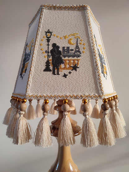 Table lamp. Unique lampshade with embroidery and decor, lacquered wooden base. 4603