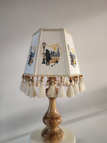 Table lamp. Unique lampshade with embroidery and decor, lacquered wooden base. 4603