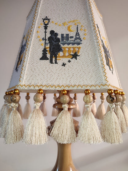 Table lamp. Unique lampshade with embroidery and decor, lacquered wooden base. 4603