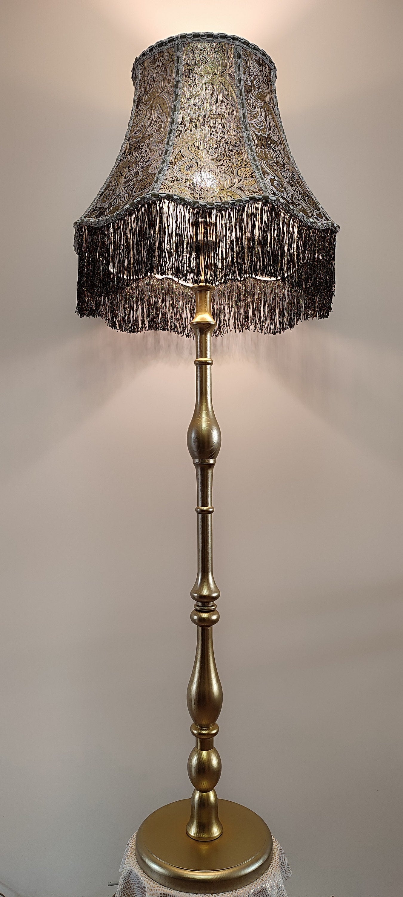 Floor lamp, fabric lampshade in golden color, wooden base, art deco lamp, handmade home lamp. 4706