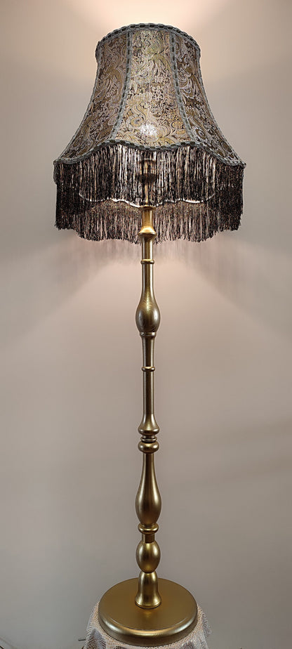 Floor lamp, fabric lampshade in golden color, wooden base, art deco lamp, handmade home lamp. 4706
