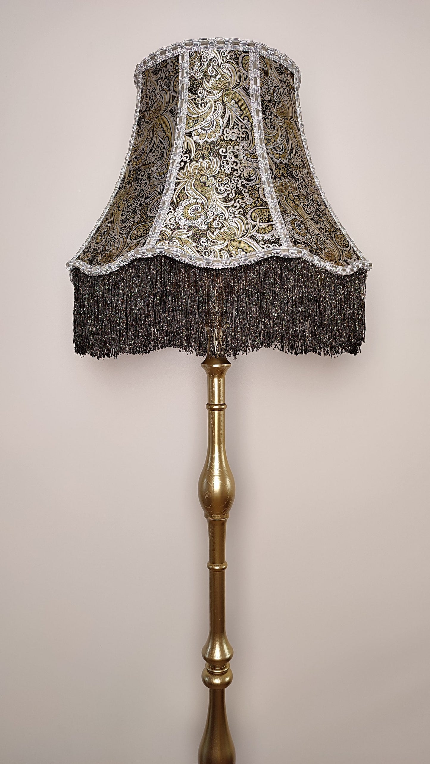 Floor lamp, fabric lampshade in golden color, wooden base, art deco lamp, handmade home lamp. 4706