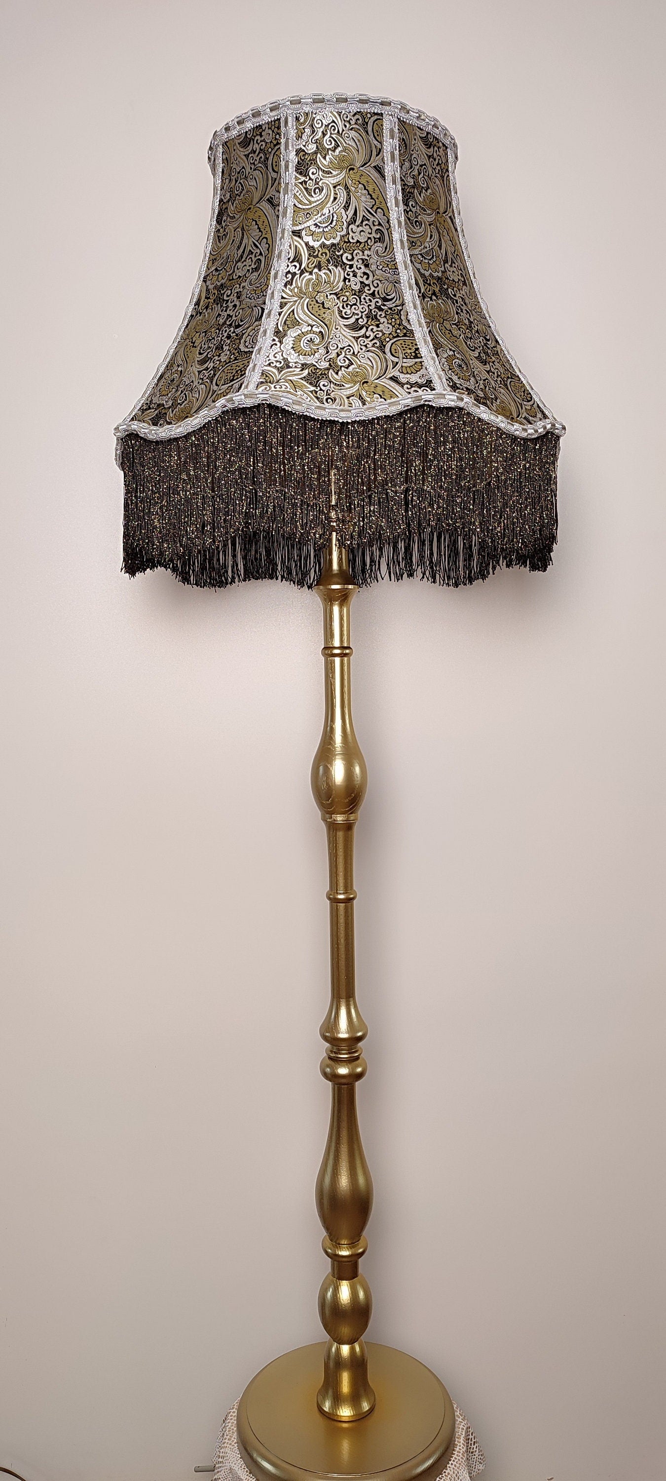 Floor lamp, fabric lampshade in golden color, wooden base, art deco lamp, handmade home lamp. 4706